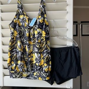 Women's Floral Tankini Set - Black and Yellow
